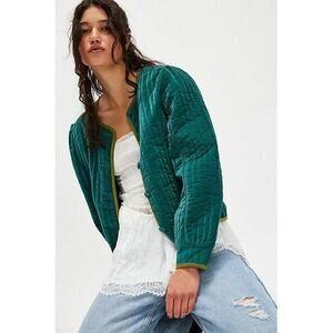 New FREE PEOPLE Natalia Velvet Jacket $168 LARGE Emerald Green Quilted Crop